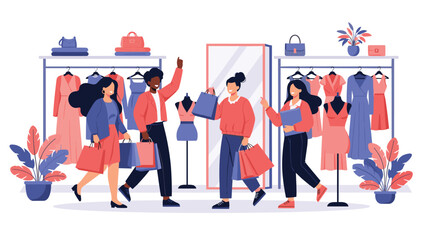 Fototapeta premium Diverse group of friends shopping for clothes in a modern boutique with racks, mirrors, and shopping bags.
