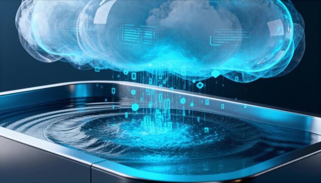 3d digital cloud raining glowing data bits into water tank perfect for world water day