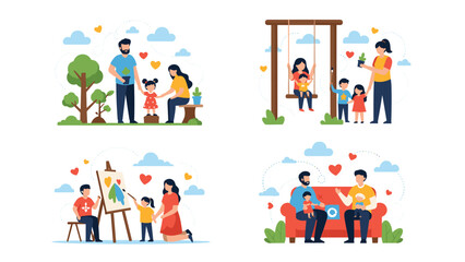 Fototapeta premium Various illustrations showing a happy family playing painting and gardening together to build strong relationships.