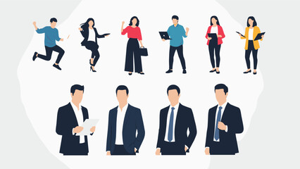 Set of diverse business people in various poses like jumping working on laptops and standing in professional attire.