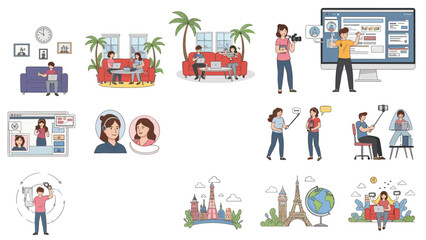 Fototapeta premium Comprehensive set of diverse lifestyle and business illustrations featuring people working, traveling, and using technology.
