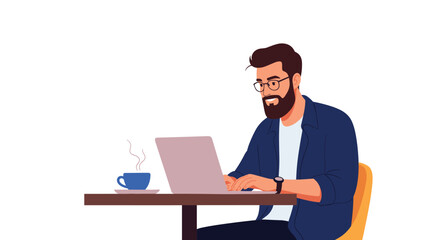 Professional man with glasses and a beard works diligently on his laptop at a table with a hot cup of coffee.