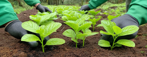 Gardener planting young seedlings in fertile soil.