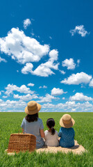 Three children in straw hats sit on a blanket in a grassy field.