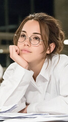 Thoughtful woman in a lab coat gazing away with glasses on.