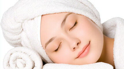 Relaxed woman with a towel enjoying a spa treatment.