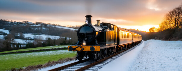 Steam train passing through a snowy landscape at sunset.
