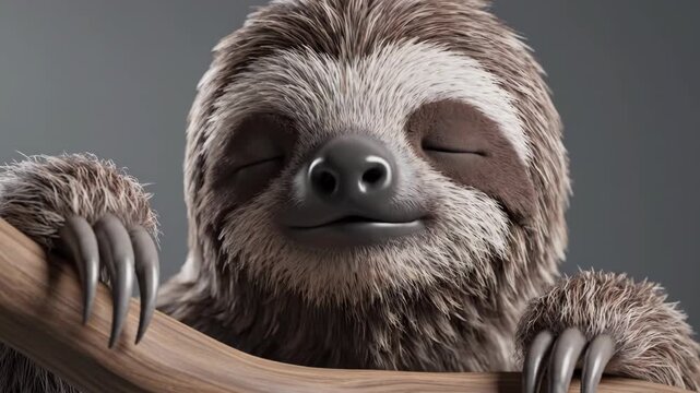 A sloth clings to a branch its furry face and sharp claws prominent against a blurred background