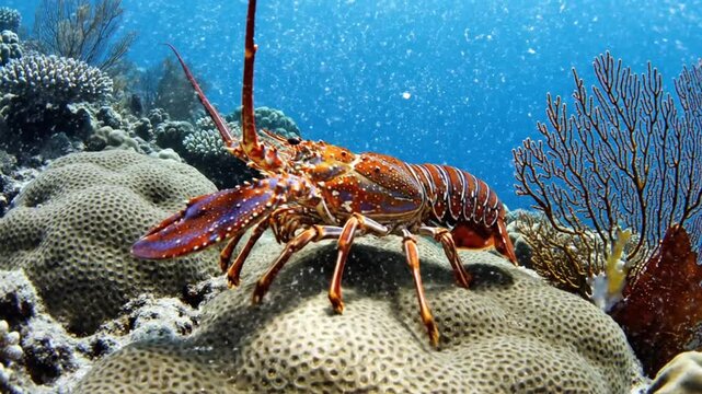 Underwater scene of a vibrant lobster perched on a textured coral reef surrounded by marine life in a clear blue ocean environment