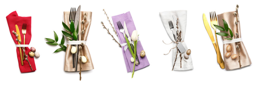 Collage of cutlery for Easter table setting on white background