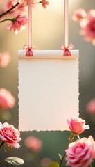 Luxury Romantic Valentine Background with Hanging Blank Paper, Roses, and Soft Sun Flare