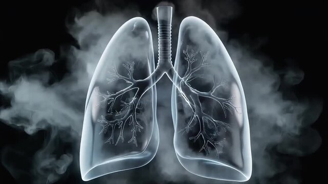 Lungs made of translucent glass. Thick smoke flows inside, creating cracks that slowly spread across the lung surface. The animation is slow and expressive