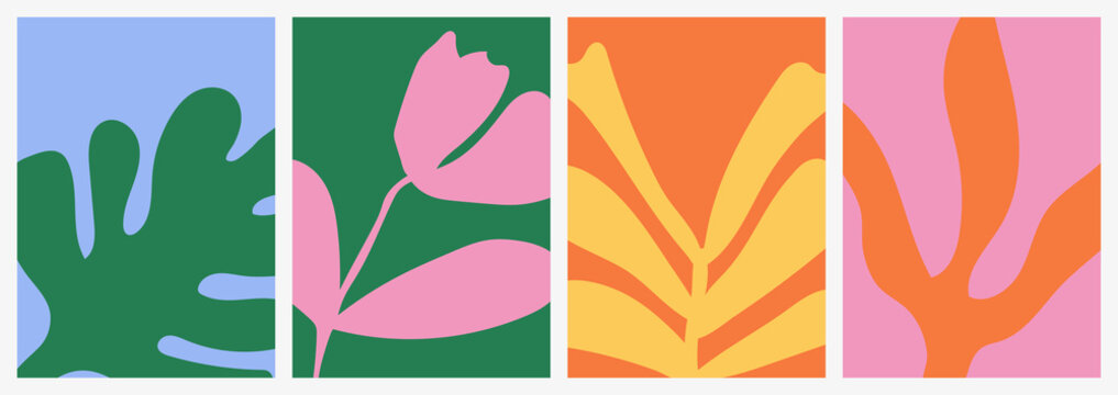 Colorful abstract botanical Matisse style poster set with floral shapes