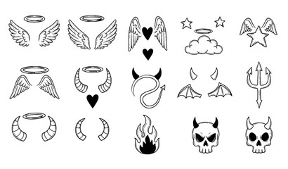 Hand Drawn Angel and Devil Attributes Doodle Symbol Set Vector Illustration © Lipi