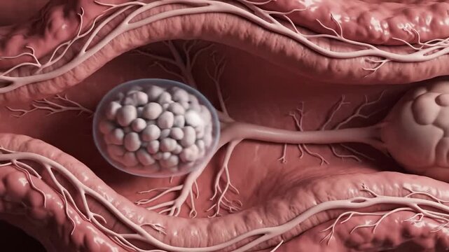 Detailed illustration of human embryo development stages including embryogenesis process with sperm fertilizing an egg cell and subsequent zygote growth in a microscopic scientific visualization.