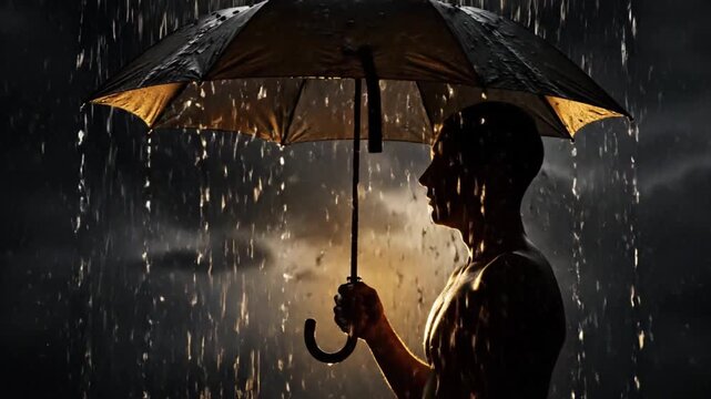 Silhouette Man Holding Umbrella Standing in Heavy Dramatic Rain