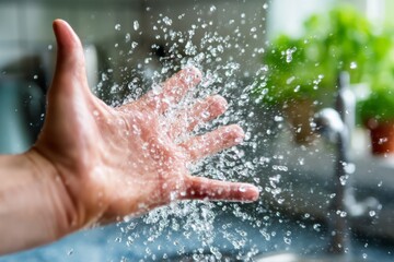 Fototapeta premium Hand Reacting to Hot Oil Splash in Kitchen Environment with Water Droplets