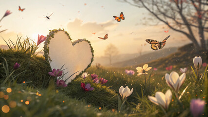 Cinematic Spring Valentine Blank Card Emerging from Heart-Shaped Garden at Golden Hour