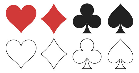 Playing card suits, classic hearts diamonds clubs spades signs, vector illustration.