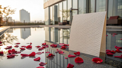 Elegant Valentine Card Design with Fresh Rose Petals and Cinematic Glass Reflections