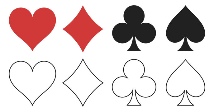 Playing card suits, classic hearts diamonds clubs spades signs, vector illustration.