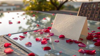 High-End Valentine Blank Card with Rose Petals on Reflective Glass in Soft Spring Light