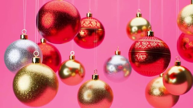A stylish festive animation of Christmas baubles decorations on a soft pink background. Glossy gold, white, red, and rose-toned ornaments hang from thin strings, gently swaying and slowly rotating wit