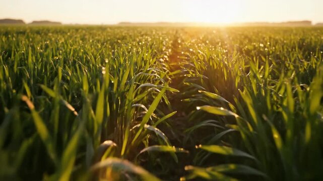 A sunlit field of green crops likely wheat or barley glistening with morning dew Rows are visible receding into the bright horizon