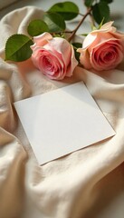Luxury Lifestyle Valentine Background with Blank Card, Soft Roses, and Spring Greenery