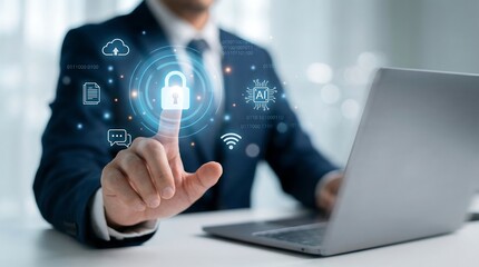 Fototapeta premium Businessman enabling digital security with padlock icon on laptop for safe online experience