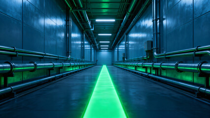 Futuristic Industrial Corridor with Neon Green Lights and Metallic Pipes