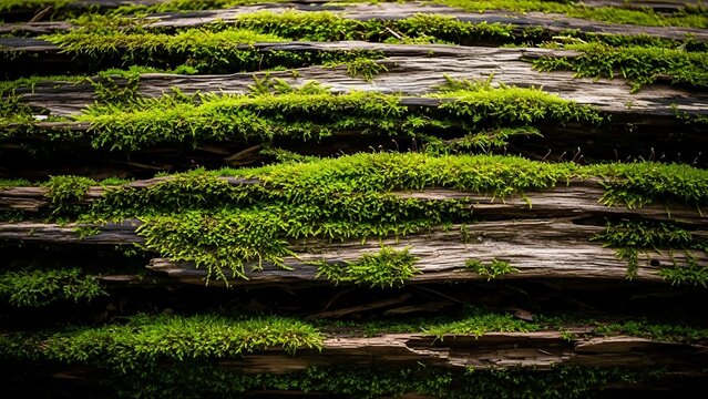 Decaying wood colonised by vibrant green moss in a natural woodland area
