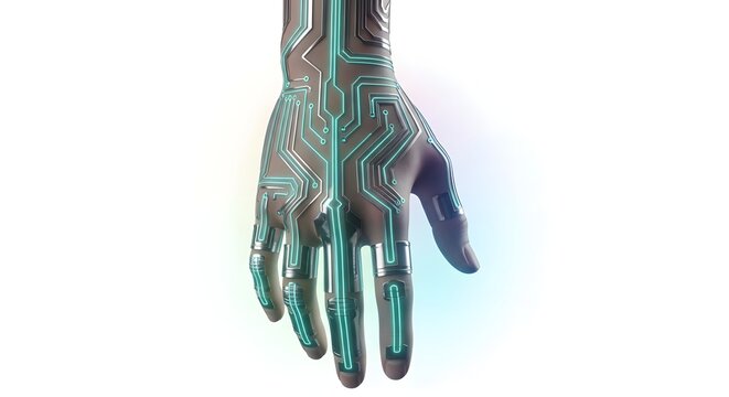 Futuristic Cyborg Hand with Glowing Circuitry in Dark Background
