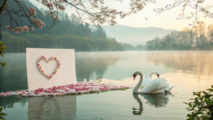 Romantic Valentine Blank Card with Swan Petals Forming Hearts on Misty Spring Lake