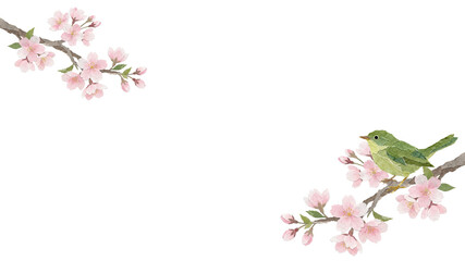 Cherry Blossom Branch Frame with Small Bird in Japanese Washi Paper Style Illustration on White Background
