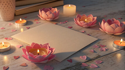 Ultra-Real Valentine Blank Card Surrounded by Floral Candles in Warm Pastel Light