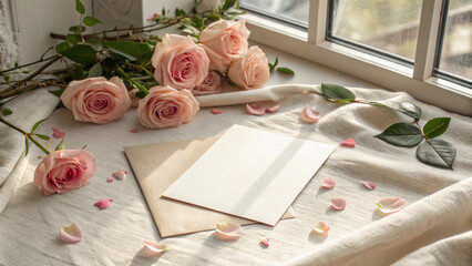 Hyper-Realistic Valentine Blank Card on Linen Fabric with Roses and Natural Window Light