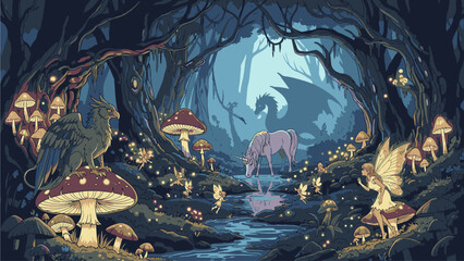 Whimsical illustration of a mystical forest with a unicorn, dragon, and various creatures amidst mushrooms and trees in a dreamlike setting. © Dodiandi