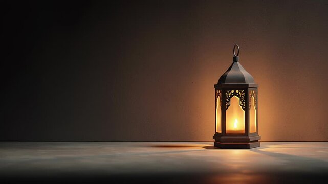Ramadan evening serenity concept, lantern glowing gently in minimal space, smooth lighting transition, peaceful spiritual mood, premium editorial quality