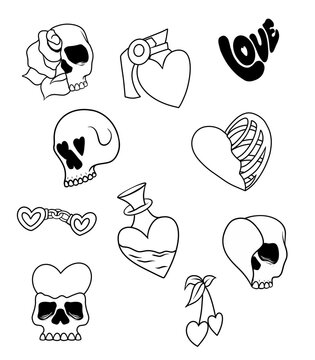 Gothic Love Line Art Vector Set with Skulls and Hearts