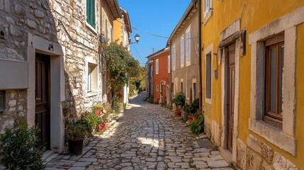 Cobblestone Street in Rovinj, Croatia, with Colorful Buildings and Potted Plants Under a Clear Blue Sky