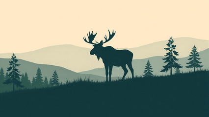 Silhouette of Moose in Misty Forest Landscape with Pine Trees