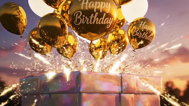 Happy Birthday Gift Box with Balloons and Confetti Explosion at Sunset