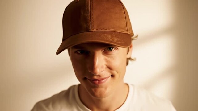 Portrait of a handsome young man wearing a soft brown blank dad hat cap for apparel mockup template standing in a front view perspective against a neutral studio background high resolution.
