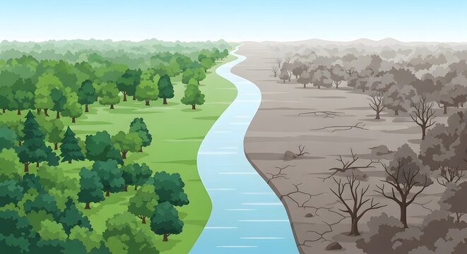 Environmental Illustration of Healthy Green Forest and Dying Gray Landscape Divided by River