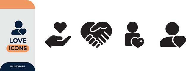 Love, heart, friendship, care and charity concept editable stroke outline icons set isolated on white background flat vector illustration.