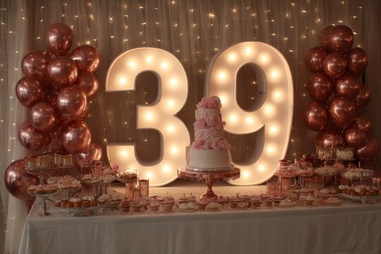 Elegant 39th Birthday Celebration with Cake and Balloons