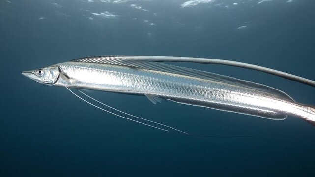 Sleek silver needlefish gracefully gliding through the deep blue ocean water, showcasing its slender body underwater.