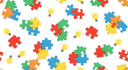 Naklejka premium Colorful Puzzle Piece and Lightbulb Seamless Icon Pattern