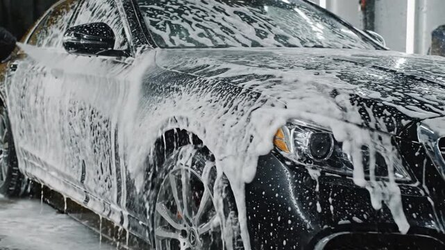 Detailed close-up of a vehicle undergoing a professional cleaning service with thick white sudsy soap foam covering the metallic body during a maintenance wash at an automated station.